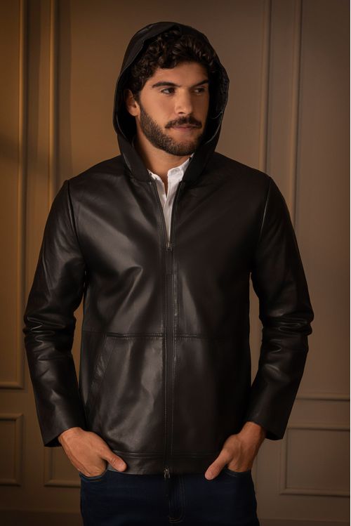 Chaqueta deportiva adana de cuero para hombre capucha fija