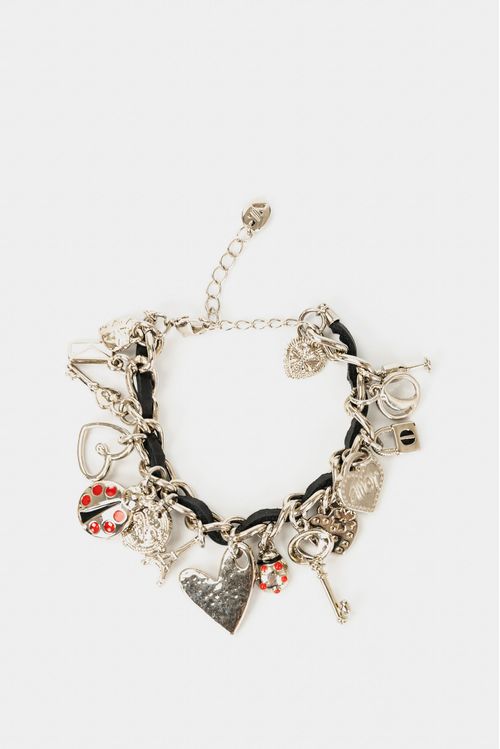 Pulsera amor de cuero para mujer cadena y dijes metálicos