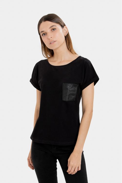 Camiseta manga corta para mujer bolsillo cuero