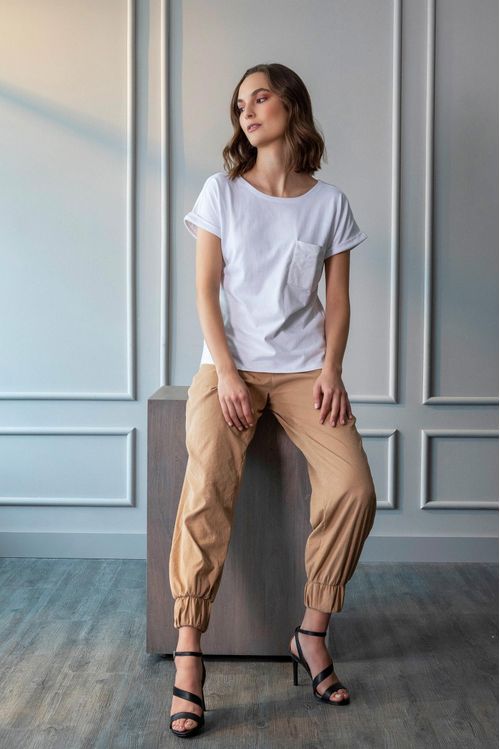 Camiseta manga corta para mujer bolsillo cuero