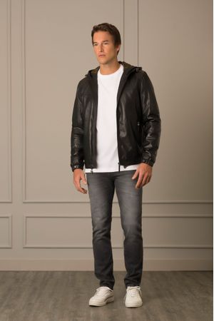 Chumpa sporty humanista de cuero para hombre capucha fija