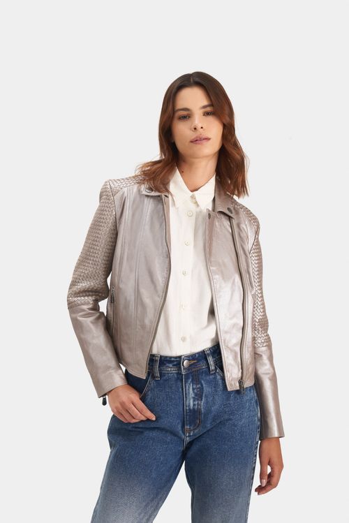 Chaqueta biker urano en cuero con tejidos para mujer