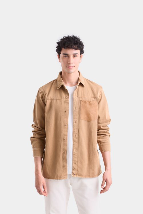 Sobrecamisa duna manga larga de algodón para hombre bolsillo en cuero