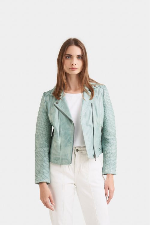 Chaqueta biker seta de cuero para mujer tejido en mangas