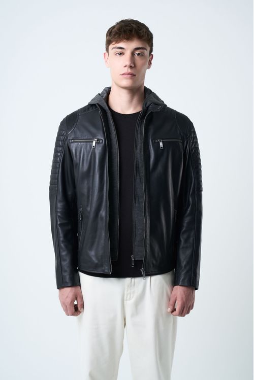 Chaqueta belmont de cuero para hombre capucha y pechera