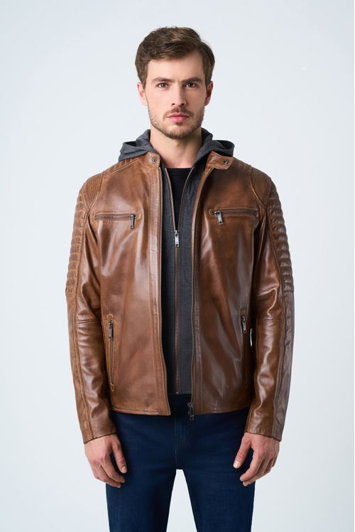 Chaqueta belmont de cuero para hombre capucha y pechera
