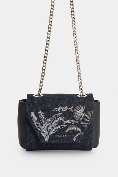 Manos libres mini Lili en denim y cuero para mujer bordado