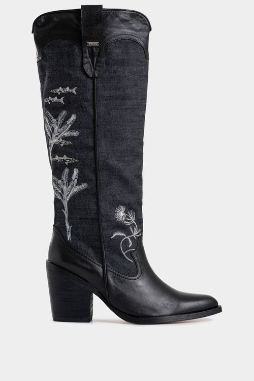 Botas Linaje en denim y cuero para mujer silueta texana