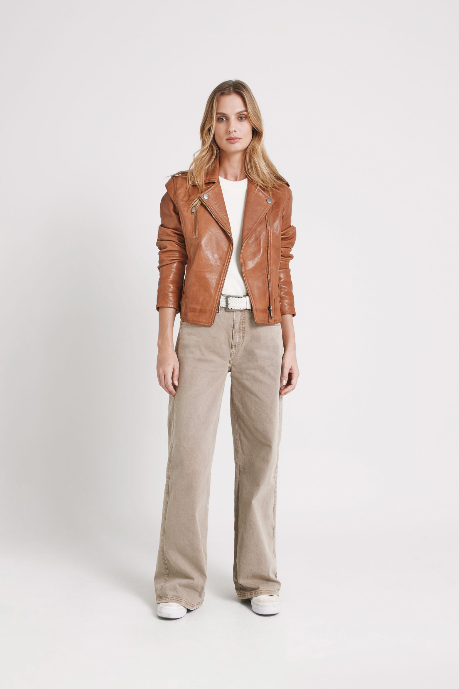 Chaqueta biker natura de cuero para mujer semi ajustada-1741914513739