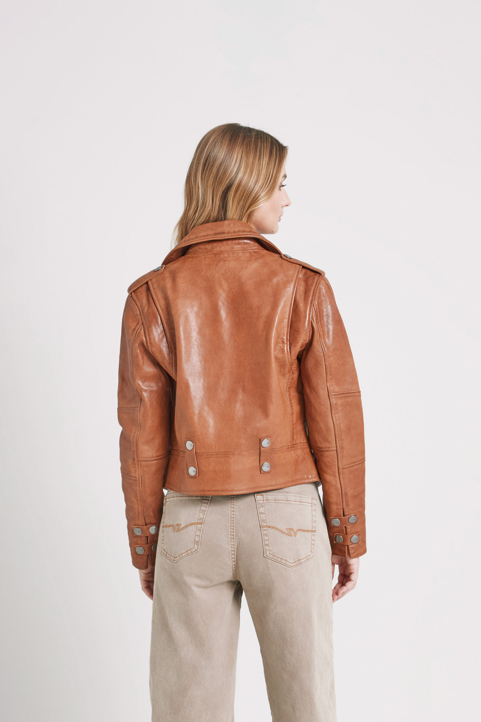 Chaqueta biker natura de cuero para mujer semi ajustada-1741914536740