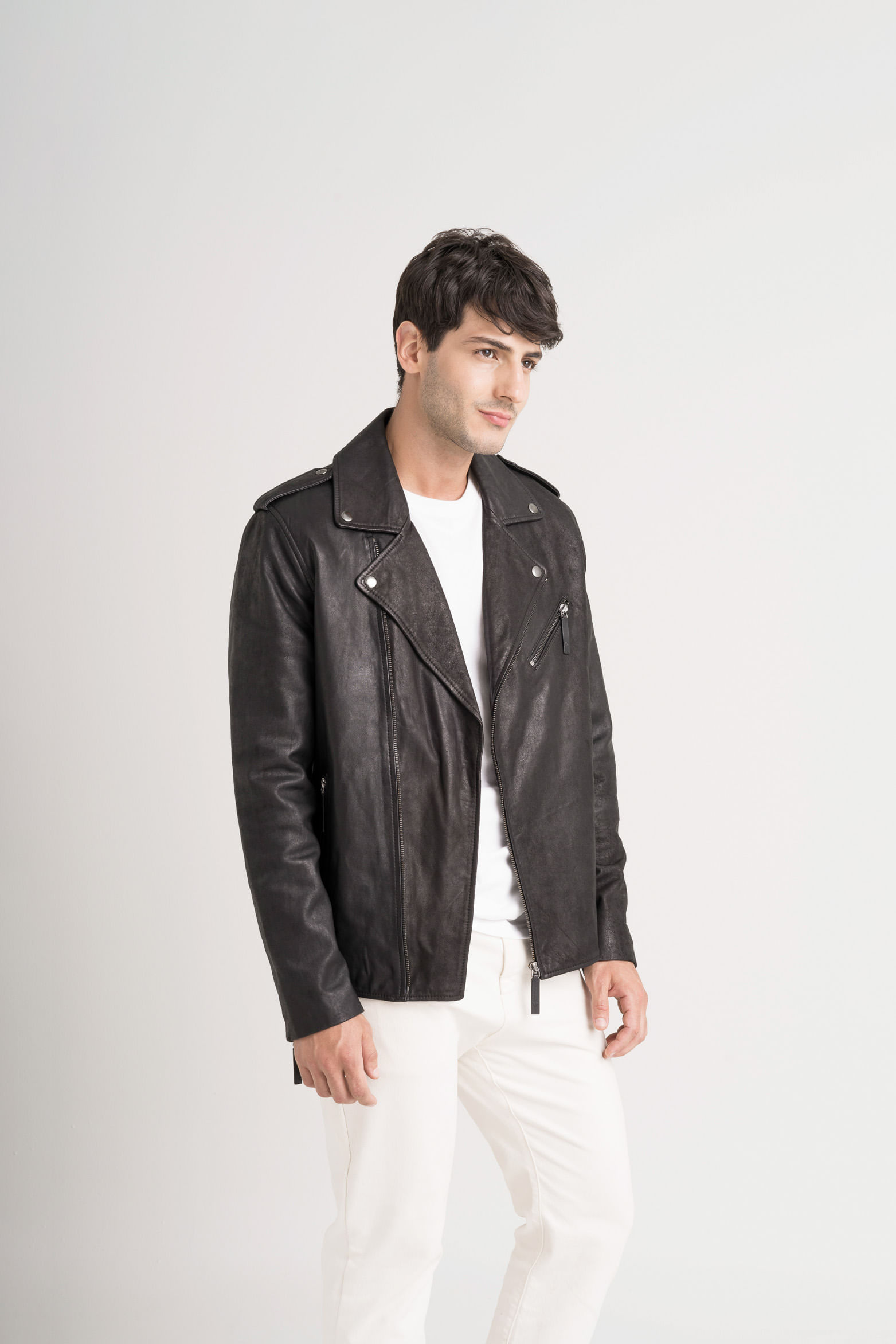 Chaqueta biker Capri de cuero para hombre semi ajustada-1744517550967